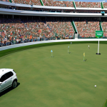 **Image:** A vibrant sports stadium during a golf tournament. Prominent billboards with a car brand logo are visible, but the focus is on a commentator mentioning the car's technology while a player uses it. Focus on the technology of the cars used by the players.