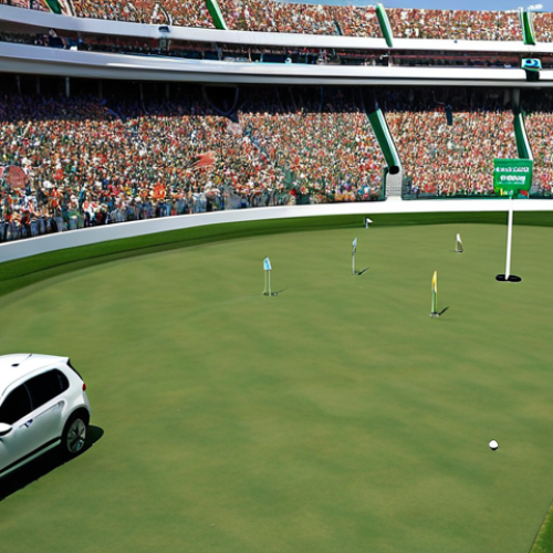 Home 15 **Image:** A vibrant sports stadium during a golf tournament. Prominent billboards with a car brand logo are visible, but the focus is on a commentator mentioning the car's technology while a player uses it. Focus on the technology of the cars used by the players.