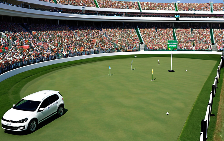 **Image:** A vibrant sports stadium during a golf tournament. Prominent billboards with a car brand logo are visible, but the focus is on a commentator mentioning the car's technology while a player uses it. Focus on the technology of the cars used by the players.