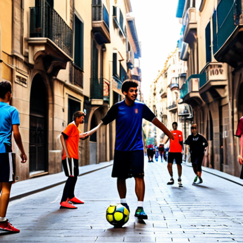 Vibrant Street Soccer Scene in Barcelona**

"A group of young people, fully clothed in athletic wear, playing street soccer in the Gothic Quarter of Barcelona, Spain. The scene is energetic, with sunlight filtering through the narrow streets. Appropriate attire, safe for work, family-friendly, perfect anatomy, correct proportions, natural pose, well-formed hands, proper finger count, natural body proportions, high quality, professional photography."

**