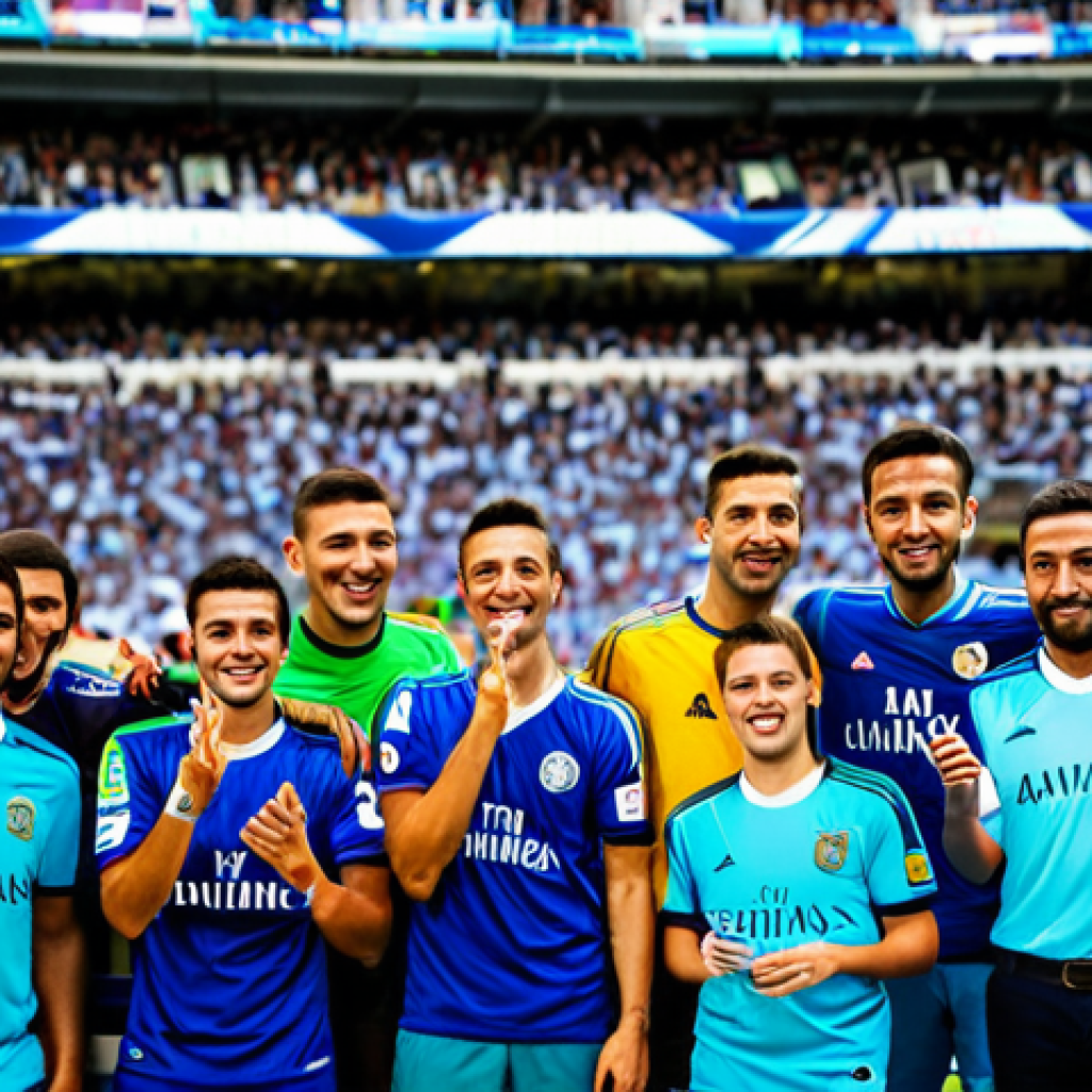 Personalized Fan Experience**

"A diverse group of cheerful fans wearing football jerseys, interacting with personalized content on their smartphones during a La Liga match at the Santiago Bernabéu Stadium, fully clothed, appropriate attire, safe for work, perfect anatomy, natural proportions, professional photography, bright stadium lights, family-friendly atmosphere."

**