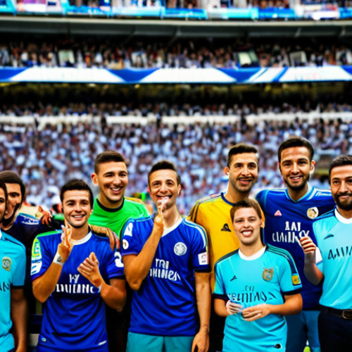 Personalized Fan Experience**

"A diverse group of cheerful fans wearing football jerseys, interacting with personalized content on their smartphones during a La Liga match at the Santiago Bernabéu Stadium, fully clothed, appropriate attire, safe for work, perfect anatomy, natural proportions, professional photography, bright stadium lights, family-friendly atmosphere."

**