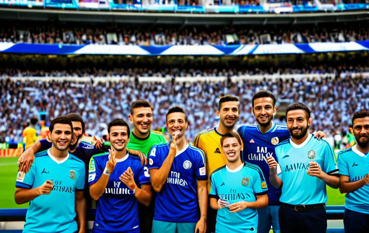 Personalized Fan Experience**

"A diverse group of cheerful fans wearing football jerseys, interacting with personalized content on their smartphones during a La Liga match at the Santiago Bernabéu Stadium, fully clothed, appropriate attire, safe for work, perfect anatomy, natural proportions, professional photography, bright stadium lights, family-friendly atmosphere."

**