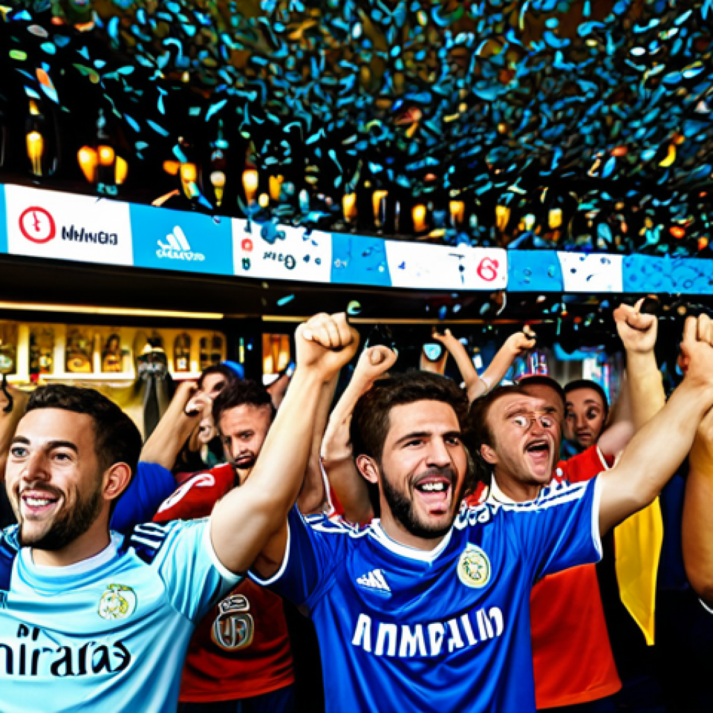 스포츠마케팅에서의 혁신 사례 - Fan Token Celebration**
"A vibrant scene in a bustling Madrid sports bar, late evening. Fans are c...