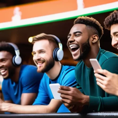 Home 22 스포츠마케팅 전문가를 위한 자가진단 체크리스트 - **Prompt:** A dynamic and energetic scene of a diverse group of passionate sports fans (adults and t...