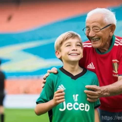 Home 21 스포츠마케팅 전문가로서의 브랜딩 성공 사례 - **Prompt:** A heartwarming scene capturing intergenerational sports fandom. An elderly man with a ki...
