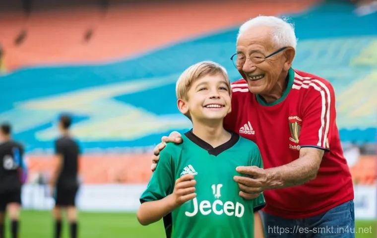 스포츠마케팅 전문가로서의 브랜딩 성공 사례 - **Prompt:** A heartwarming scene capturing intergenerational sports fandom. An elderly man with a ki...