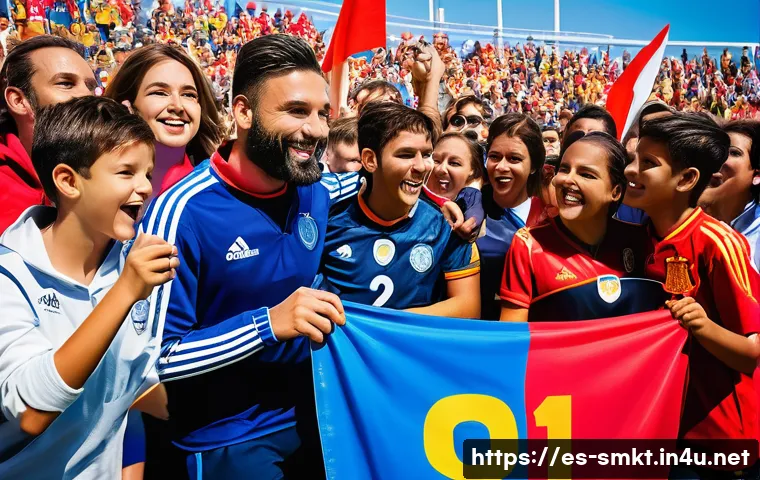 스포츠 구단의 팬 기반 확장 전략 - A vibrant sports club fan event scene in a Spanish urban setting, featuring diverse fans of all ages...