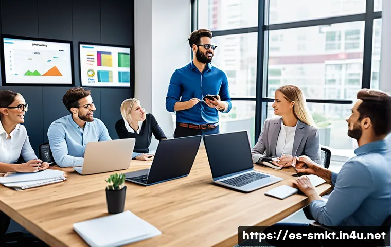 스포츠마케팅 업무 시간 관리 팁 - A professional sports marketing team in a modern office setting, focused on strategic planning with ...