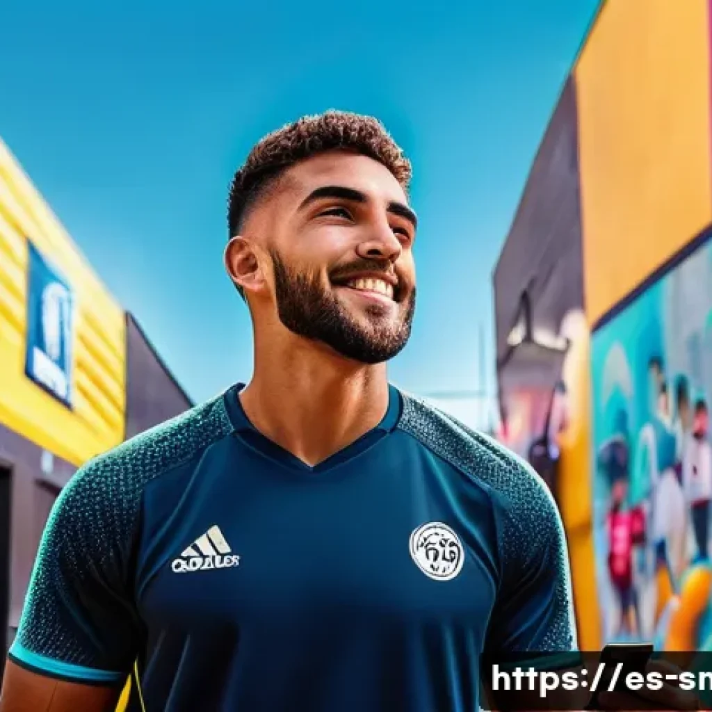 스포츠마케팅과 관련된 학술적 연구 사례 - A vibrant digital sports marketing scene set in a modern Spanish city, showing a young male athlete ...