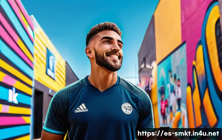 스포츠마케팅과 관련된 학술적 연구 사례 - A vibrant digital sports marketing scene set in a modern Spanish city, showing a young male athlete ...