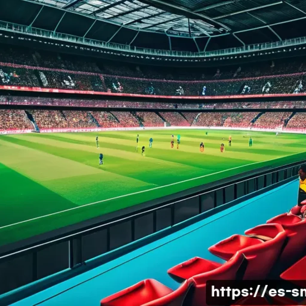 스포츠마케팅과 기술 융합 사례 - A vibrant sports stadium filled with enthusiastic Spanish football fans wearing colorful team scarve...