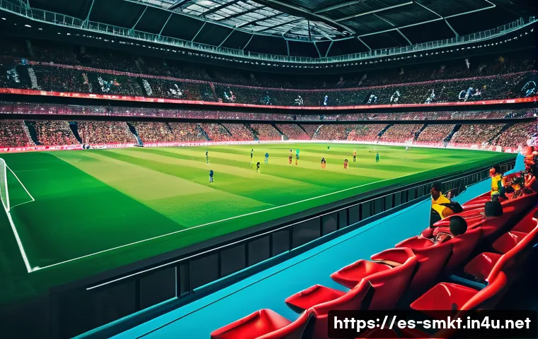 스포츠마케팅과 기술 융합 사례 - A vibrant sports stadium filled with enthusiastic Spanish football fans wearing colorful team scarve...