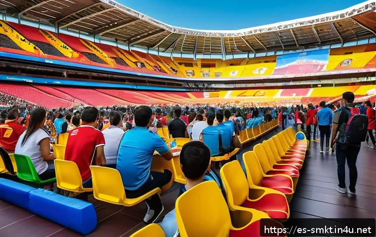 스포츠 경기장 내 마케팅 사례 - A vibrant modern sports stadium filled with enthusiastic Spanish-speaking fans enjoying a soccer mat...