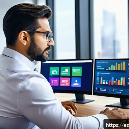 Home 32 스포츠마케팅 리더십 개발 방법 - A dynamic digital sports marketing leader in a modern office, analyzing data on multiple screens sho...