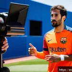 Home 19 스포츠마케팅에서의 윤리적 이슈 - A professional Spanish football player in FC Barcelona training kit, transparently discussing his in...