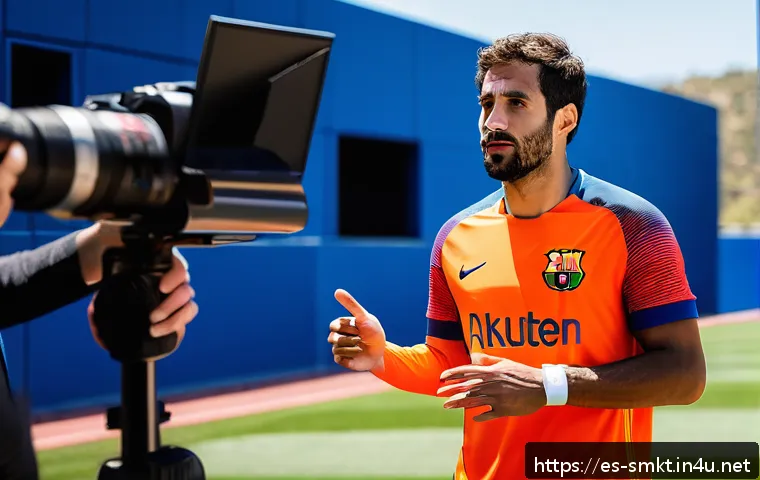 스포츠마케팅에서의 윤리적 이슈 - A professional Spanish football player in FC Barcelona training kit, transparently discussing his in...