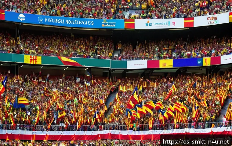 스포츠 구단과 기업의 스폰서십 성공 사례 - A vibrant scene at a packed football stadium in Spain during a major match, featuring a diverse crow...