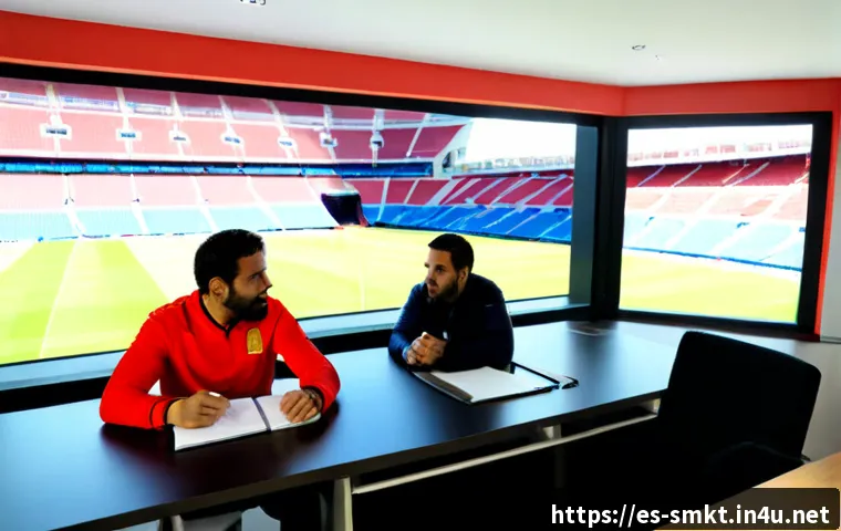 스포츠마케팅 분야의 최신 연구 및 주요 이슈 - Photorealistic sports marketing research meeting in a modern Madrid office, diverse Spanish and Lati...