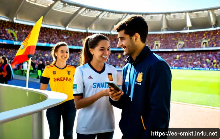 Home 15 스포츠마케팅 실습 프로젝트 성공 사례 - Photorealistic sports marketing practicum success scene in a sunlit Spanish football stadium concour...