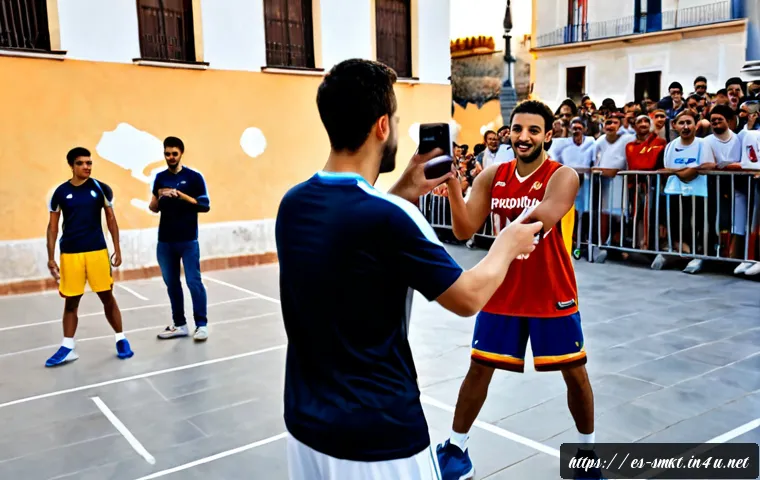 스포츠마케팅 관련 소셜미디어 캠페인 사례 - Photorealistic sports marketing social media campaign scene in a lively Spanish city plaza, diverse ...